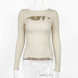 Autumn and winter new hollow long - sleeved tops, elastic ribbed T-shirt female - Negative Apparel