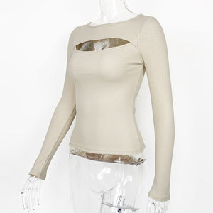 Autumn and winter new hollow long - sleeved tops, elastic ribbed T-shirt female - Negative Apparel