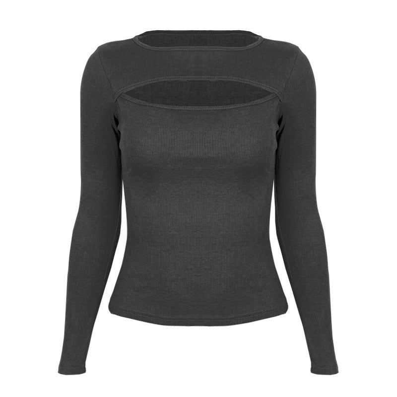 Autumn and winter new hollow long - sleeved tops, elastic ribbed T-shirt female - Negative Apparel