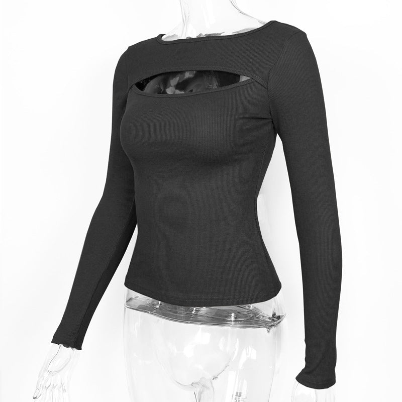 Autumn and winter new hollow long - sleeved tops, elastic ribbed T-shirt female - Negative Apparel