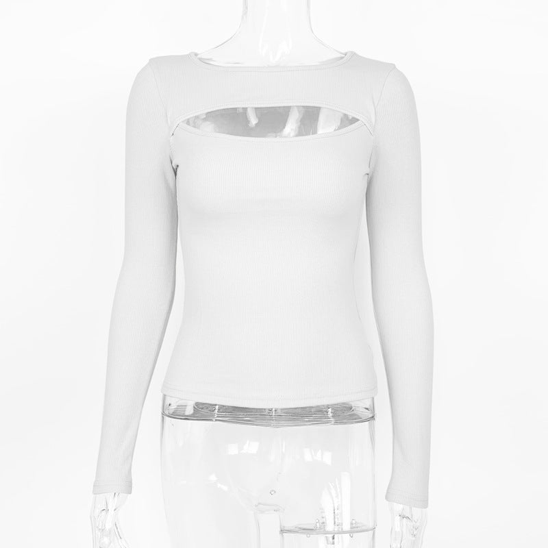 Autumn and winter new hollow long - sleeved tops, elastic ribbed T-shirt female - Negative Apparel