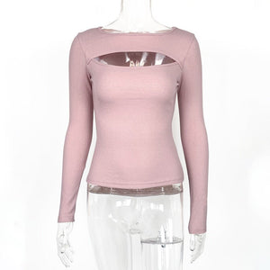 Autumn and winter new hollow long - sleeved tops, elastic ribbed T-shirt female - Negative Apparel