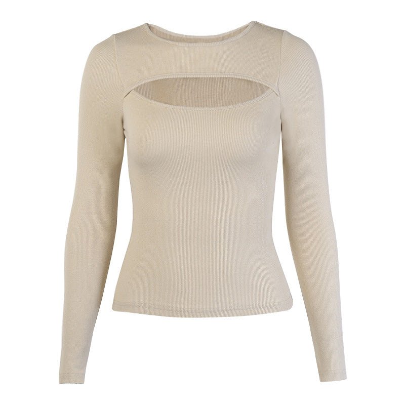 Autumn and winter new hollow long - sleeved tops, elastic ribbed T-shirt female - Negative Apparel