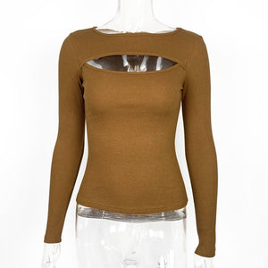 Autumn and winter new hollow long - sleeved tops, elastic ribbed T-shirt female - Negative Apparel