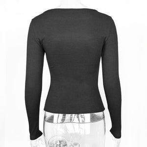 Autumn and winter new hollow long - sleeved tops, elastic ribbed T-shirt female - Negative Apparel