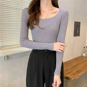 Autumn and winter new low - necked slim - fitting tight - fitting long - sleeved bottomed knitted sweater top square - necked sweater women's inner - Negative Apparel