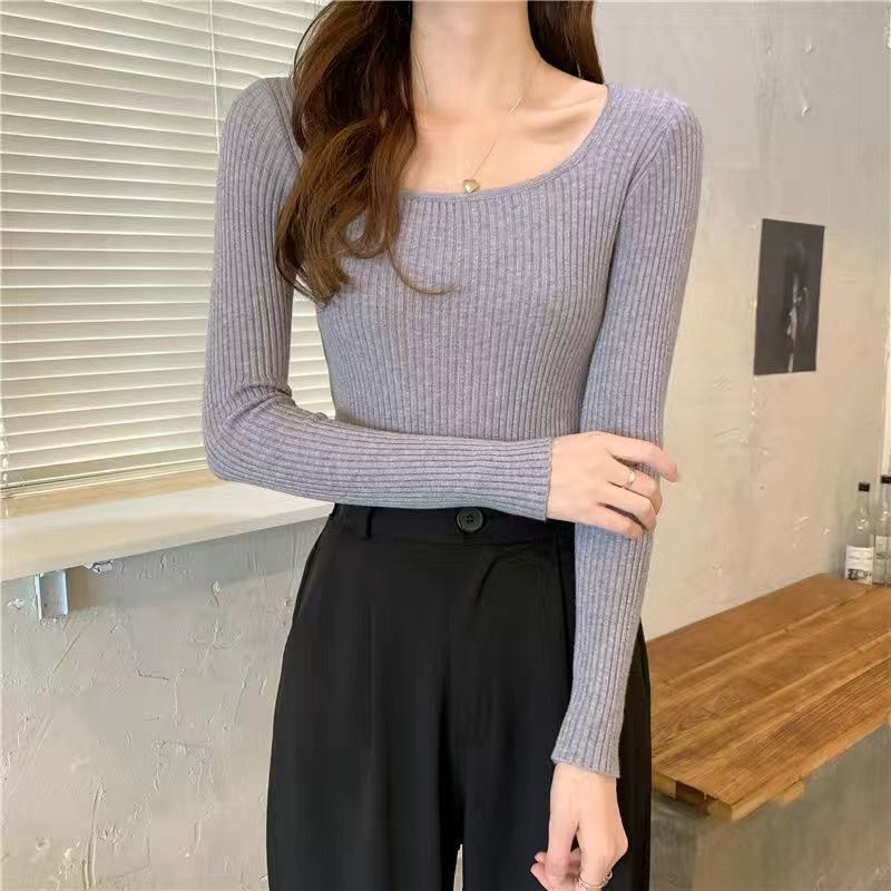 Autumn and winter new low - necked slim - fitting tight - fitting long - sleeved bottomed knitted sweater top square - necked sweater women's inner - Negative Apparel