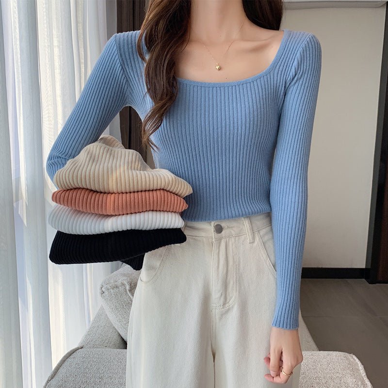 Autumn and winter new low - necked slim - fitting tight - fitting long - sleeved bottomed knitted sweater top square - necked sweater women's inner - Negative Apparel