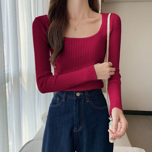 Autumn and winter new low - necked slim - fitting tight - fitting long - sleeved bottomed knitted sweater top square - necked sweater women's inner - Negative Apparel