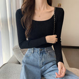 Autumn and winter new low - necked slim - fitting tight - fitting long - sleeved bottomed knitted sweater top square - necked sweater women's inner - Negative Apparel