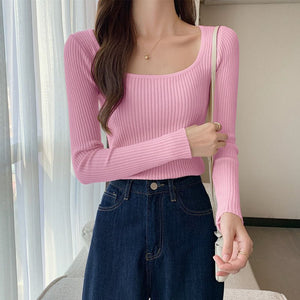 Autumn and winter new low - necked slim - fitting tight - fitting long - sleeved bottomed knitted sweater top square - necked sweater women's inner - Negative Apparel