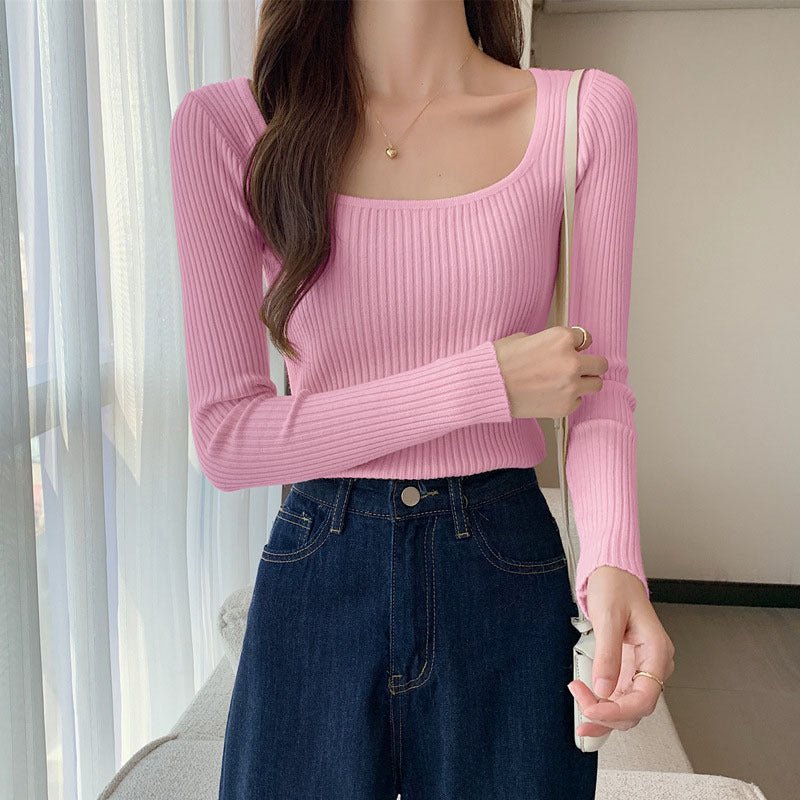 Autumn and winter new low - necked slim - fitting tight - fitting long - sleeved bottomed knitted sweater top square - necked sweater women's inner - Negative Apparel