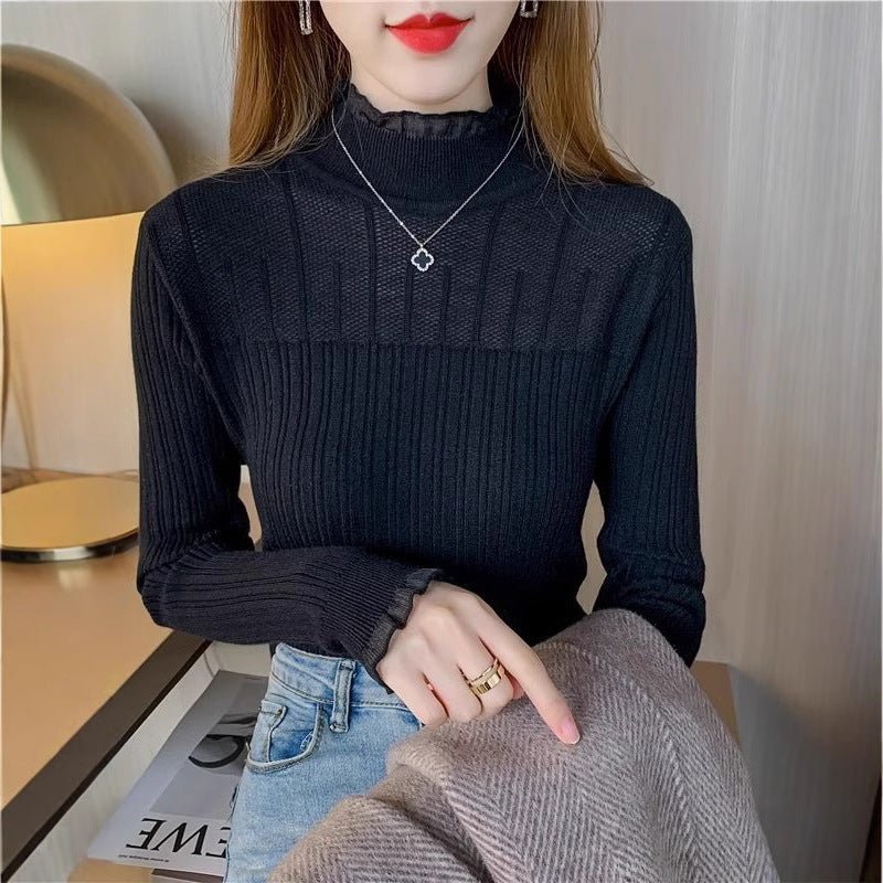 Autumn and winter new semi - turtleneck lace bottoming shirt fashionable foreign high - end slim - fitting knitted sweater women's long - sleeved top - Negative Apparel
