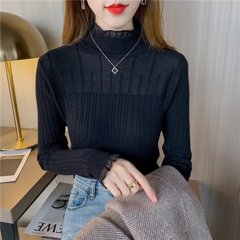 Autumn and winter new semi - turtleneck lace bottoming shirt fashionable foreign high - end slim - fitting knitted sweater women's long - sleeved top - Negative Apparel