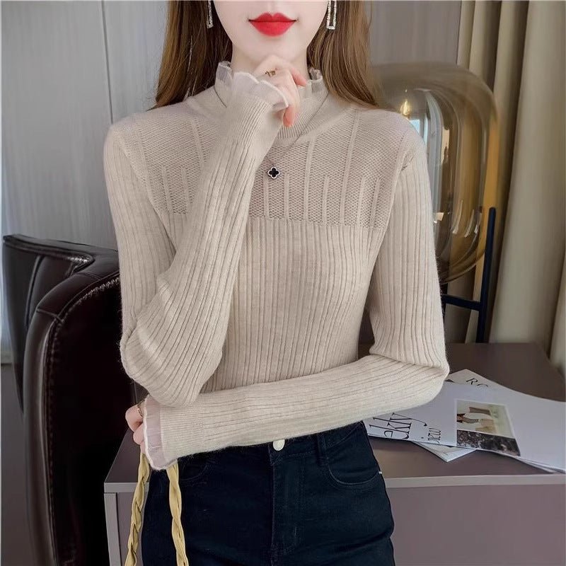 Autumn and winter new semi - turtleneck lace bottoming shirt fashionable foreign high - end slim - fitting knitted sweater women's long - sleeved top - Negative Apparel