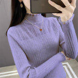 Autumn and winter new semi - turtleneck lace bottoming shirt fashionable foreign high - end slim - fitting knitted sweater women's long - sleeved top - Negative Apparel