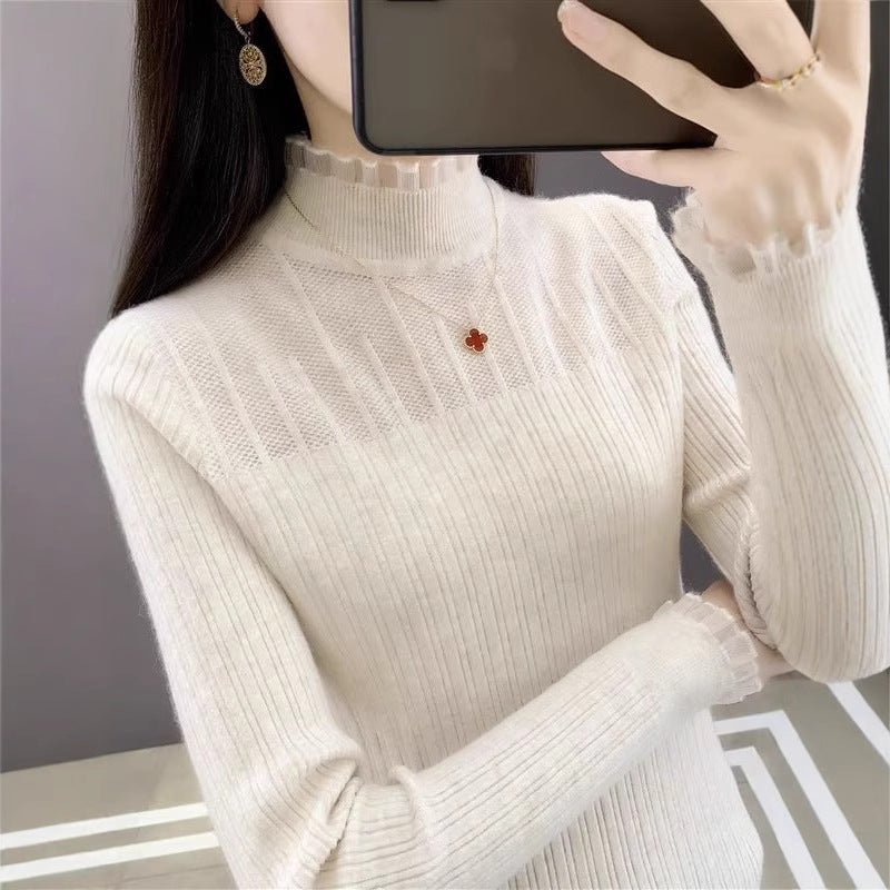 Autumn and winter new semi - turtleneck lace bottoming shirt fashionable foreign high - end slim - fitting knitted sweater women's long - sleeved top - Negative Apparel