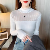 Autumn and winter new semi - turtleneck lace bottoming shirt fashionable foreign high - end slim - fitting knitted sweater women's long - sleeved top - Negative Apparel