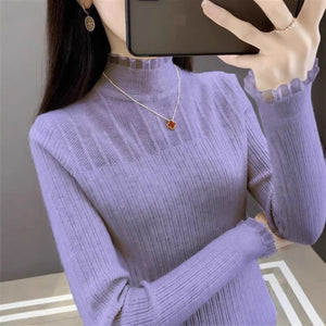 Autumn and winter new semi - turtleneck lace bottoming shirt fashionable foreign high - end slim - fitting knitted sweater women's long - sleeved top - Negative Apparel
