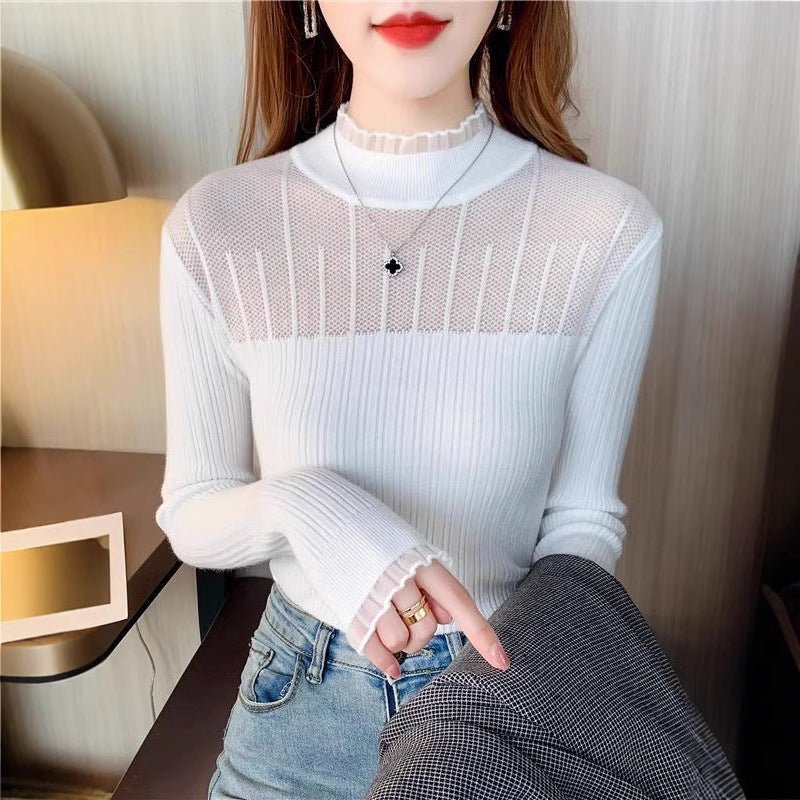 Autumn and winter new semi - turtleneck lace bottoming shirt fashionable foreign high - end slim - fitting knitted sweater women's long - sleeved top - Negative Apparel