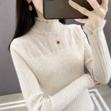 Autumn and winter new semi - turtleneck lace bottoming shirt fashionable foreign high - end slim - fitting knitted sweater women's long - sleeved top - Negative Apparel