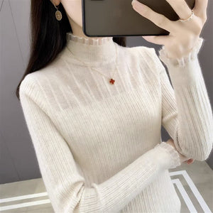 Autumn and winter new semi - turtleneck lace bottoming shirt fashionable foreign high - end slim - fitting knitted sweater women's long - sleeved top - Negative Apparel