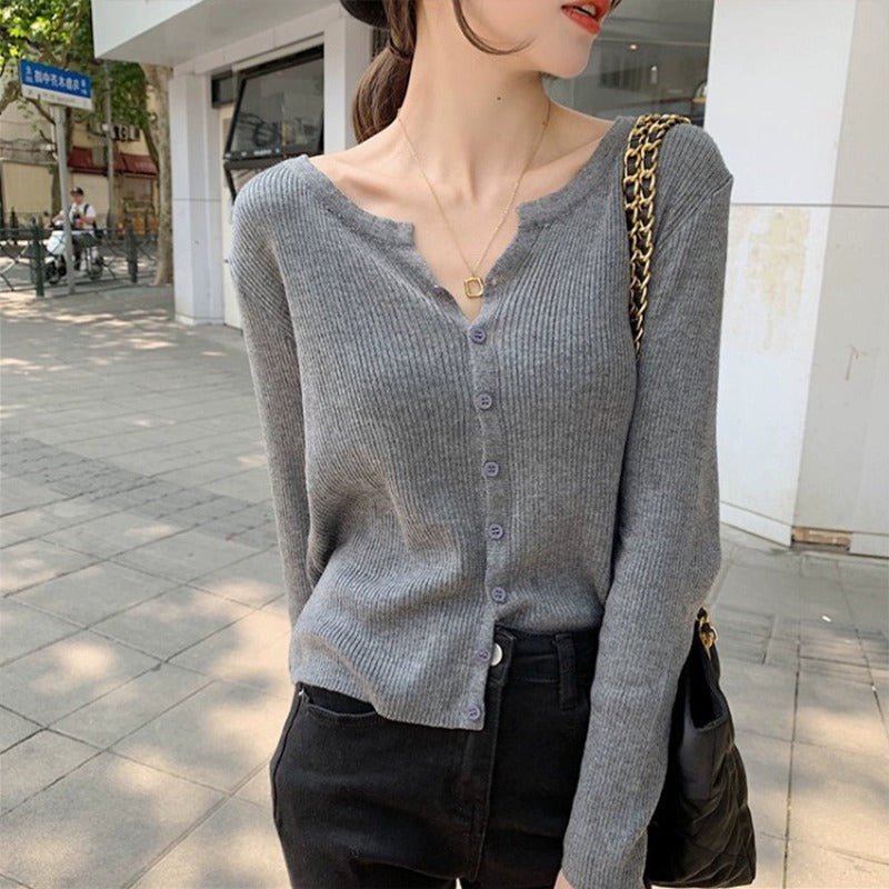 Autumn and winter new V - neck knitted sweater women's thin long - sleeved solid color short outer slim - fit sweater cardigan jacket top - Negative Apparel
