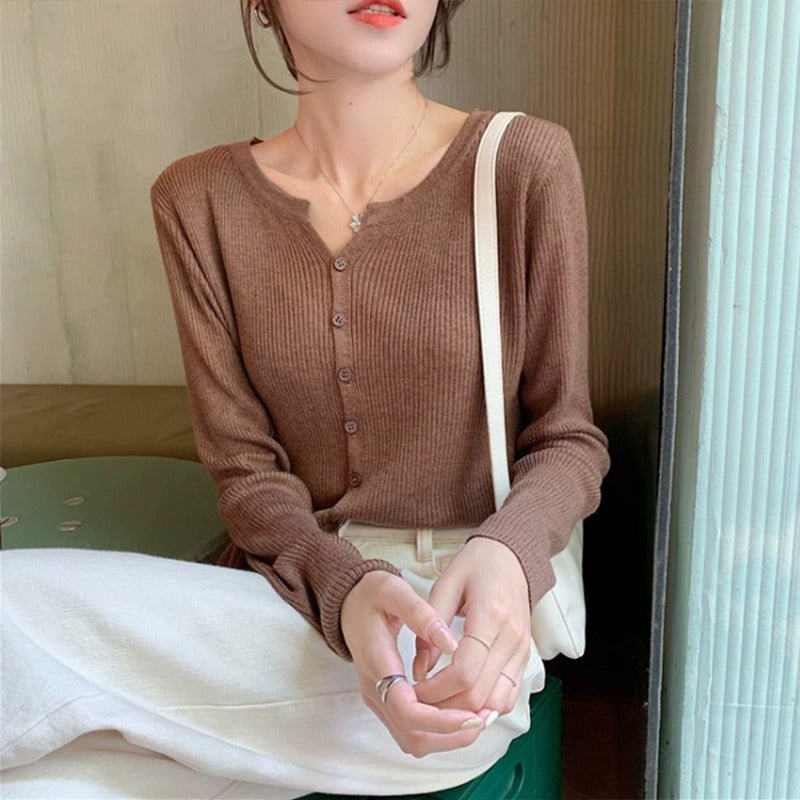 Autumn and winter new V - neck knitted sweater women's thin long - sleeved solid color short outer slim - fit sweater cardigan jacket top - Negative Apparel