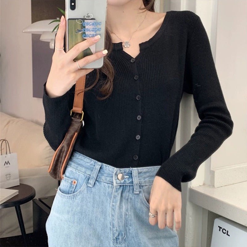 Autumn and winter new V - neck knitted sweater women's thin long - sleeved solid color short outer slim - fit sweater cardigan jacket top - Negative Apparel