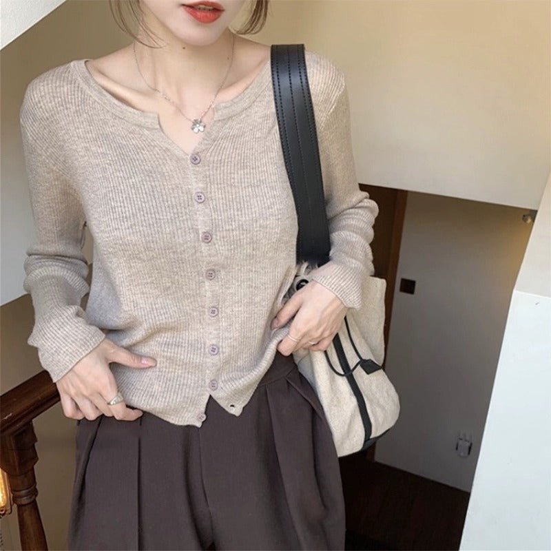 Autumn and winter new V - neck knitted sweater women's thin long - sleeved solid color short outer slim - fit sweater cardigan jacket top - Negative Apparel
