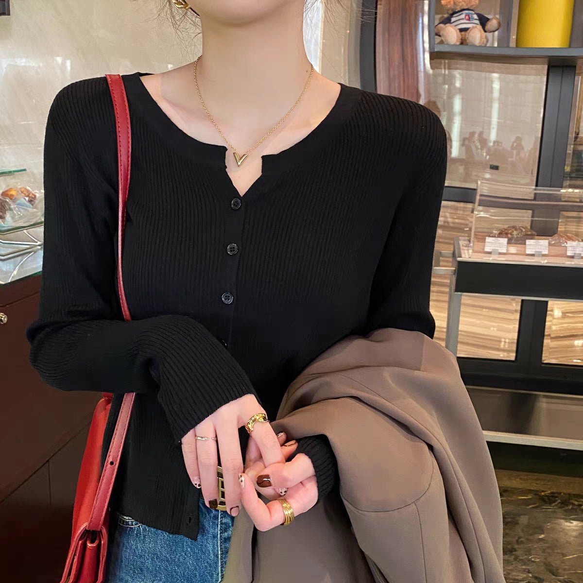 Autumn and winter new V - neck knitted sweater women's thin long - sleeved solid color short outer slim - fit sweater cardigan jacket top - Negative Apparel