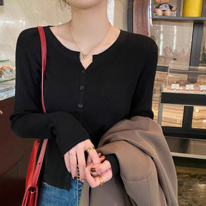 Autumn and winter new V - neck knitted sweater women's thin long - sleeved solid color short outer slim - fit sweater cardigan jacket top - Negative Apparel