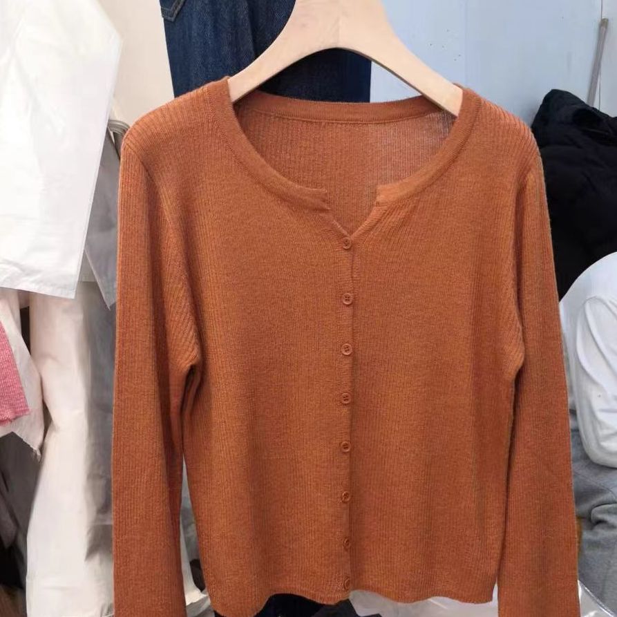 Autumn and winter new V - neck knitted sweater women's thin long - sleeved solid color short outer slim - fit sweater cardigan jacket top - Negative Apparel