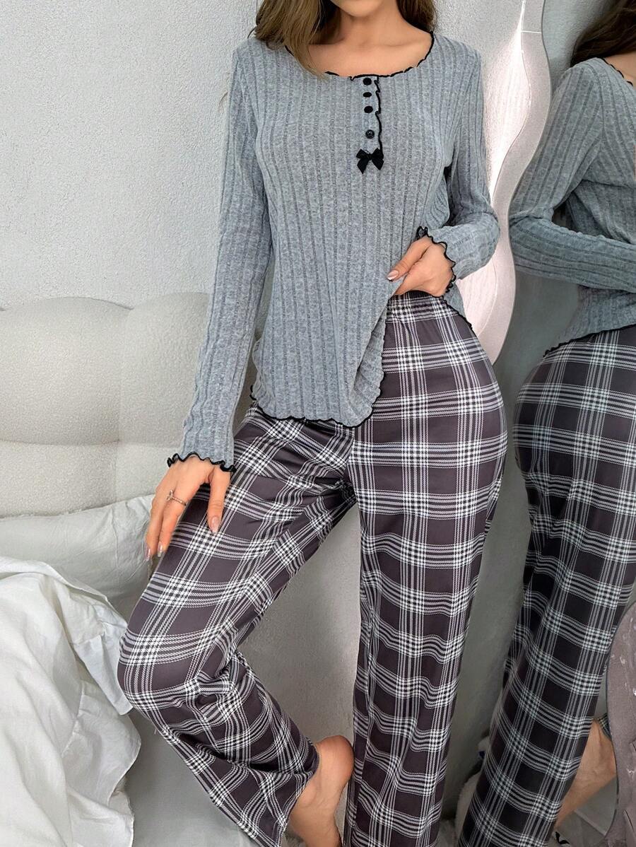 Autumn and winter pajamas for women with button bowknot long sleeve plaid trousers casual fashion home clothes two - piece suit - Negative Apparel