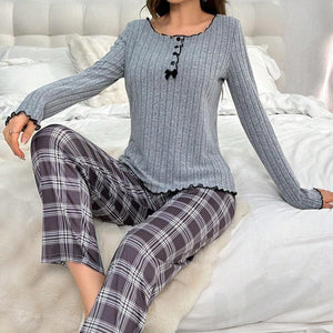 Autumn and winter pajamas for women with button bowknot long sleeve plaid trousers casual fashion home clothes two - piece suit - Negative Apparel