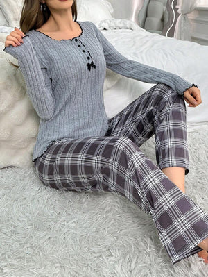 Autumn and winter pajamas for women with button bowknot long sleeve plaid trousers casual fashion home clothes two - piece suit - Negative Apparel