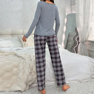 Autumn and winter pajamas for women with button bowknot long sleeve plaid trousers casual fashion home clothes two - piece suit - Negative Apparel