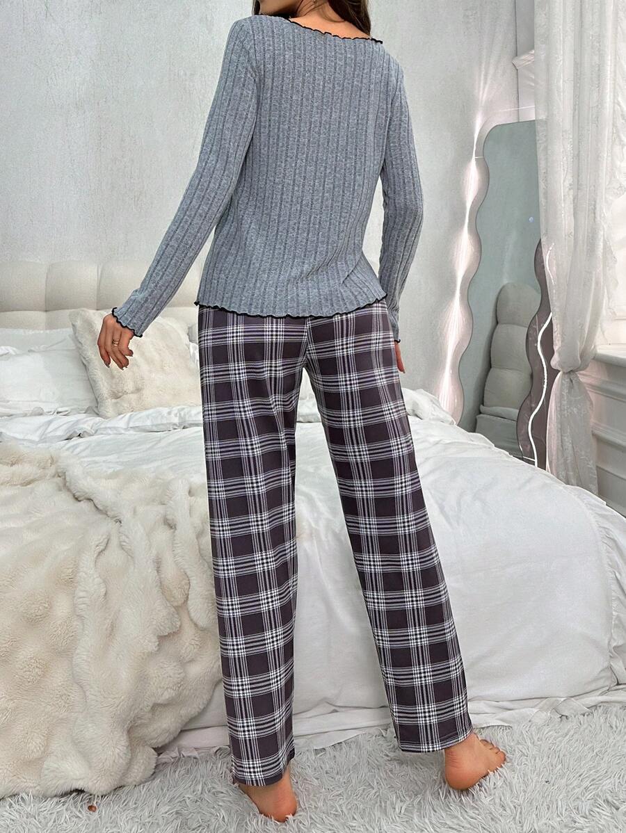 Autumn and winter pajamas for women with button bowknot long sleeve plaid trousers casual fashion home clothes two - piece suit - Negative Apparel