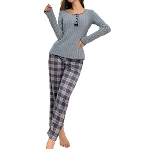 Autumn and winter pajamas for women with button bowknot long sleeve plaid trousers casual fashion home clothes two - piece suit - Negative Apparel