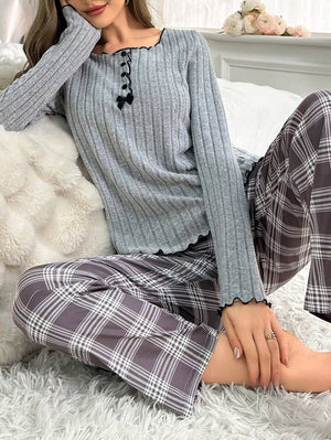 Autumn and winter pajamas for women with button bowknot long sleeve plaid trousers casual fashion home clothes two - piece suit - Negative Apparel