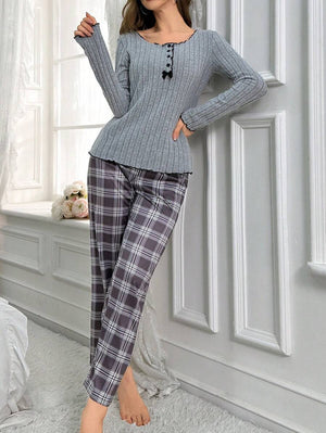 Autumn and winter pajamas for women with button bowknot long sleeve plaid trousers casual fashion home clothes two - piece suit - Negative Apparel