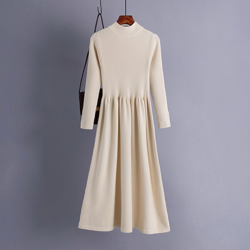 Autumn and winter semi - turtleneck pendulum long knitted dress waist thin long - sleeved sweater backing skirt women's core - spun yarn - Negative Apparel