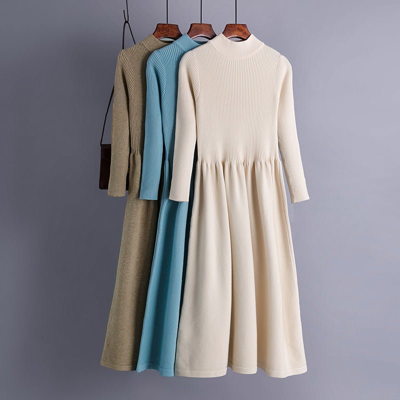 Autumn and winter semi - turtleneck pendulum long knitted dress waist thin long - sleeved sweater backing skirt women's core - spun yarn - Negative Apparel