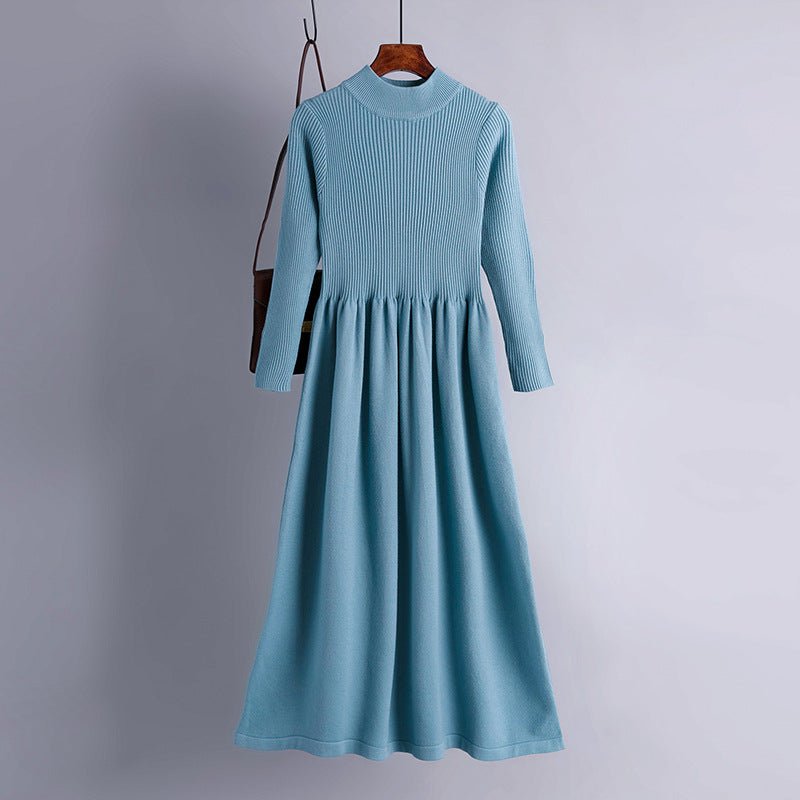 Autumn and winter semi - turtleneck pendulum long knitted dress waist thin long - sleeved sweater backing skirt women's core - spun yarn - Negative Apparel
