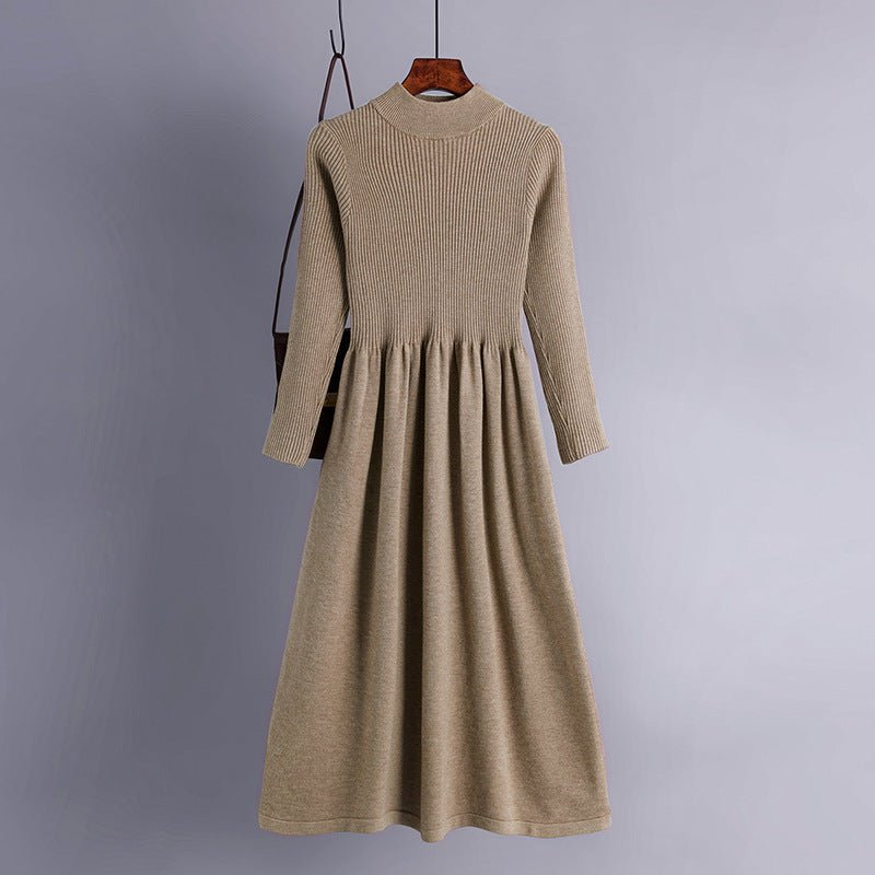 Autumn and winter semi - turtleneck pendulum long knitted dress waist thin long - sleeved sweater backing skirt women's core - spun yarn - Negative Apparel