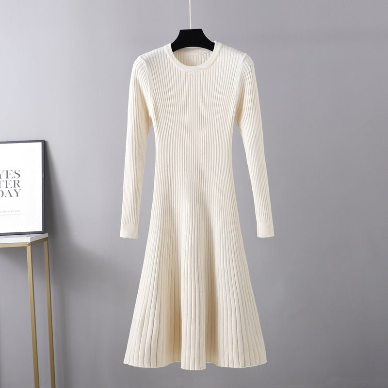 Autumn and winter slim - fitting dress women's medium and long skirt new round neck long skirt solid color inner with bottom sweater skirt A - word skirt - Negative Apparel