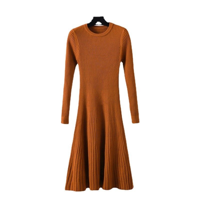 Autumn and winter slim - fitting dress women's medium and long skirt new round neck long skirt solid color inner with bottom sweater skirt A - word skirt - Negative Apparel