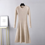 Autumn and winter slim - fitting dress women's medium and long skirt new round neck long skirt solid color inner with bottom sweater skirt A - word skirt - Negative Apparel