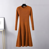 Autumn and winter slim - fitting dress women's medium and long skirt new round neck long skirt solid color inner with bottom sweater skirt A - word skirt - Negative Apparel