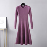 Autumn and winter slim - fitting dress women's medium and long skirt new round neck long skirt solid color inner with bottom sweater skirt A - word skirt - Negative Apparel